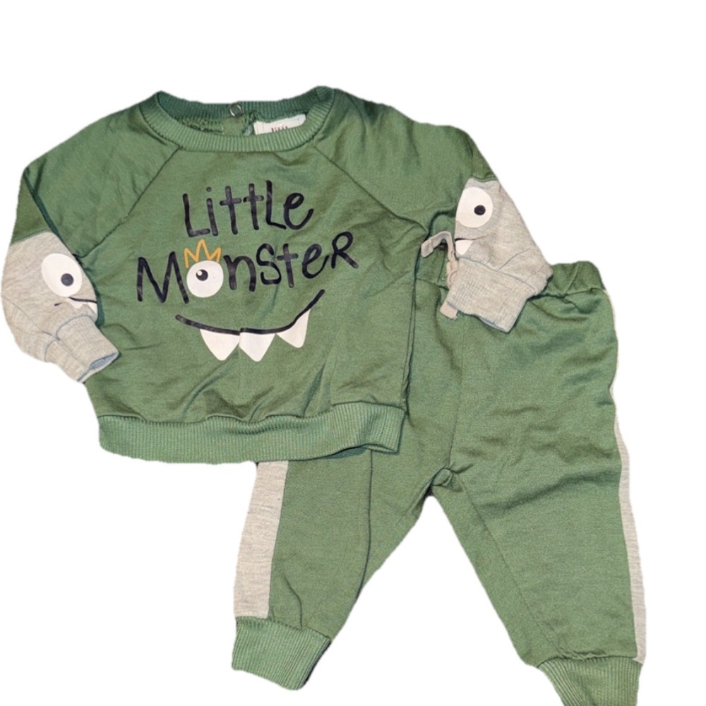 Little Monster Kids Set - Green and Gray 2 Pieces for Boys 3-6months